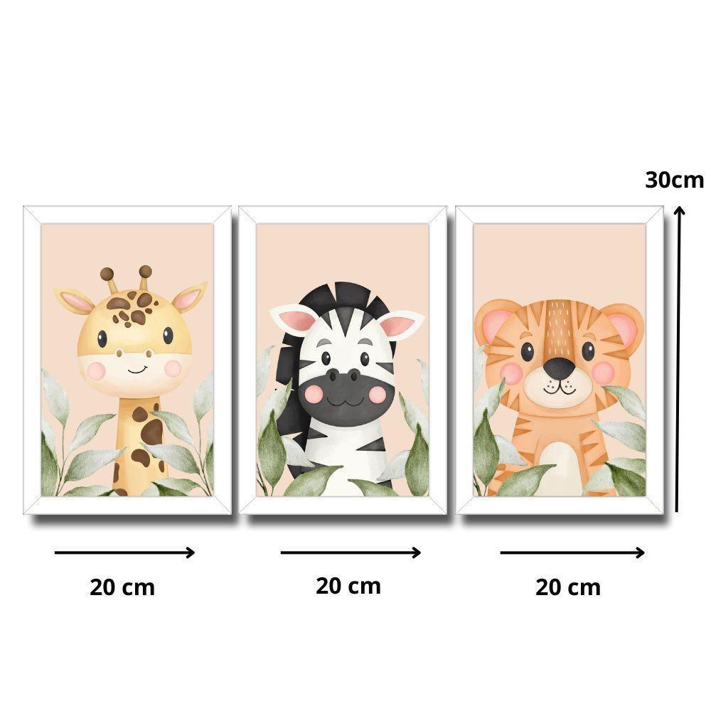 Kit 3 Quadros Safari Aquarela Infantil Quarto Vidro 20X30Cm Título Moldura Branca - 7