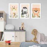 Kit 3 Quadros Safari Aquarela Infantil Quarto Vidro 20X30Cm Título Moldura Branca - 5