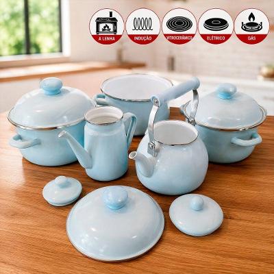 Jogo Panela Caçarola Chaleira Bule Aço Esmaltado Grafite Kit 5pç 3,6L 2,5L 1,2L