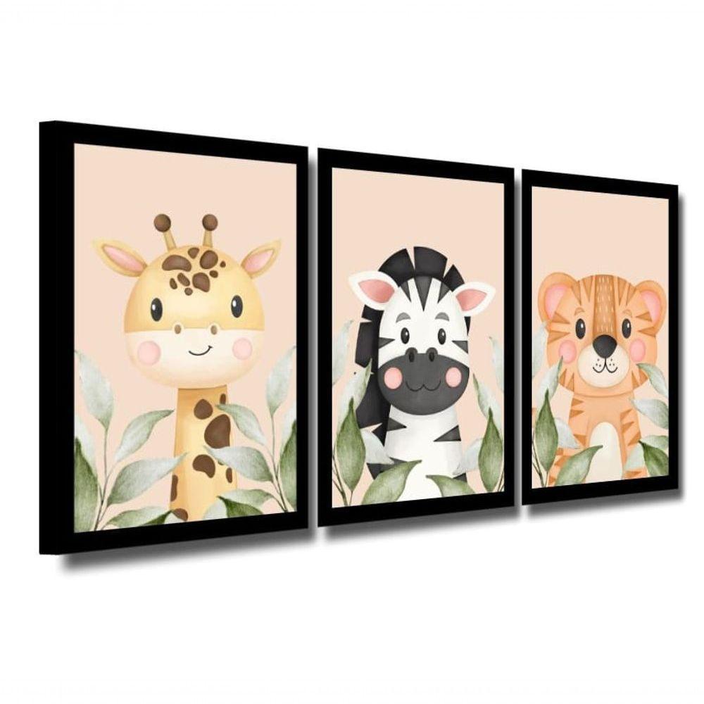 Kit 3 Quadros Safari Aquarela Infantil Quarto Vidro 20X30Cm Título Moldura Mel - 1