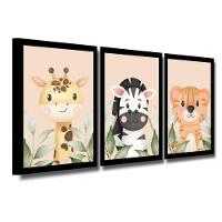Kit 3 Quadros Safari Aquarela Infantil Quarto Vidro 20X30Cm Título Moldura Mel - 1