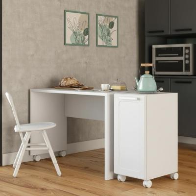 Conjunto Mesa com Balcao Lateral Cozinha Multi Branco Fosco Rodizios MDP Bertolini 145CM