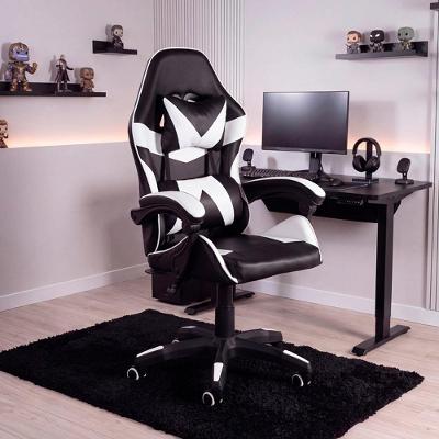 Cadeira Gamer Escritório Telasul Couro Sintético Giratória Encosto Reclinável Almofadas Preto-Branco
