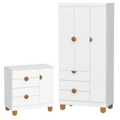 Cômoda Sapateira e Guarda Roupa Infantil Apolo 3 Portas 4 Gavetas MDF Branco Fosco Reller Móveis