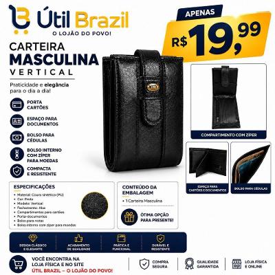 Carteira Masculina Vertical Couro Sintetico PU Unico Preta com Porta-cartoes Uso Masculino