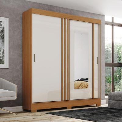 Guarda Roupa Solteiro BE309 2 Portas Correr 2 Gavetas MDP Espelho Cinamomo-Off White Briz Móveis