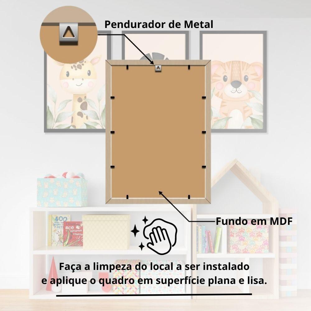 Kit 3 Quadros Safari Aquarela Infantil Quarto Vidro 20X30Cm Título Moldura Amarela - 2