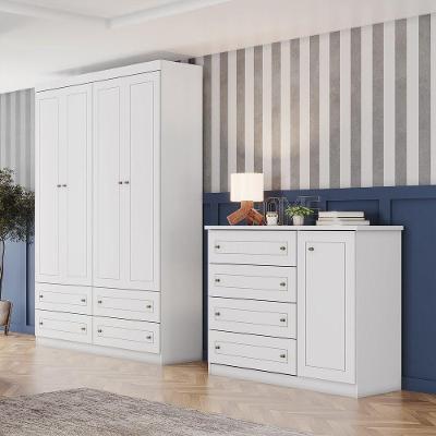 Quarto Juvenil Guarda Roupa 5 Portas e Comoda 8 Gavetas MDF-MDP Branco HP Moveis Henn