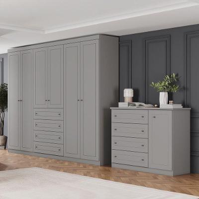Quarto Casal Guarda Roupa e Cômoda Amy 6 Portas 8 Gavetas MDF-MDP Cinza Casa 812