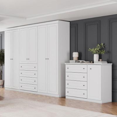 Quarto Casal Guarda Roupa 6 Portas e Comoda 4 Gavetas MDF-MDP Branco HP Móveis Henn