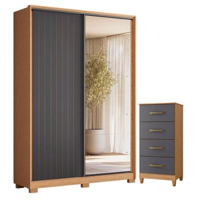 Guarda Roupa Solteiro com Cômoda Frizatto 2 Portas de Correr 3 Gavetas MDP Freijo Titanium Albatroz