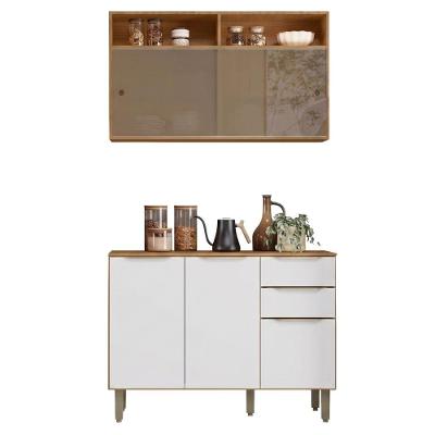 Armário de Cozinha Compacta 5 Portas 2 Gavetas MDF 120CM Amadeirado Branco Aramóveis