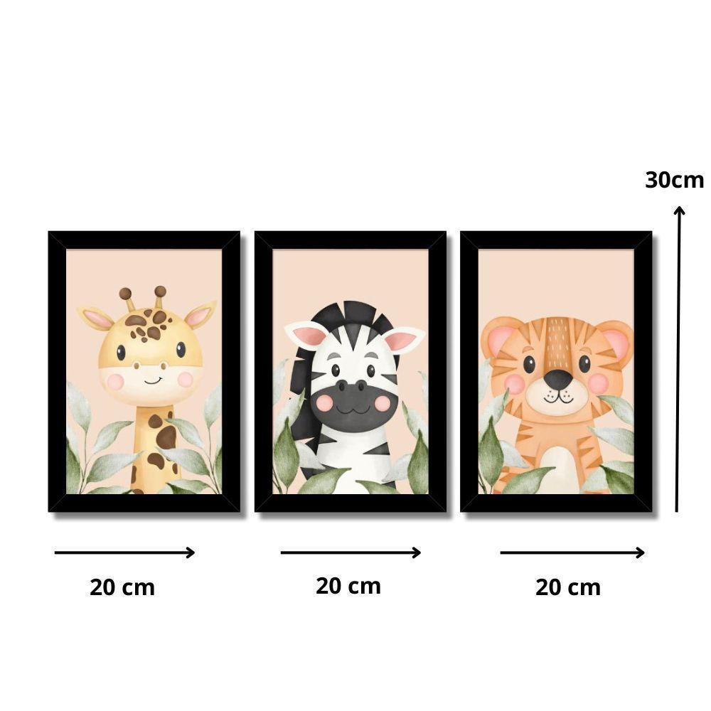 Kit 3 Quadros Safari Aquarela Infantil Quarto Vidro 20X30Cm Título Moldura Azul - 7