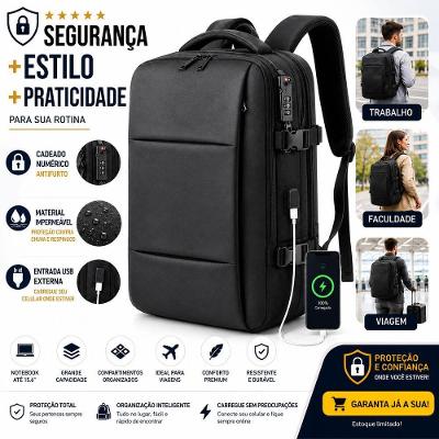 Mochila para Notebook B-Max Executiva Antifurto Impermeável Usb Cadeado Numérico 15,6" Unissex