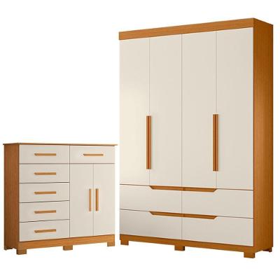Guarda Roupa Solteiro Doble 4 Portas de Bater 4 Gavetas MDP Cômoda Xangai Cinamomo Off White