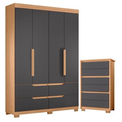 Guarda Roupa Solteiro Doble 4 Portas de Bater 4 Gavetas MDP Cômoda Unno Freijo Titanium Albatroz