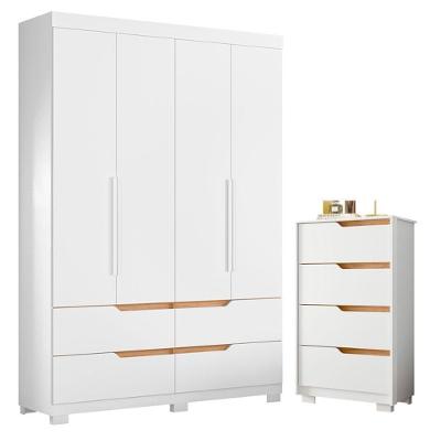 Guarda Roupa Solteiro Doble 4 Portas de Bater 4 Gavetas MDP Cômoda Sole Branco Freijo Albatroz