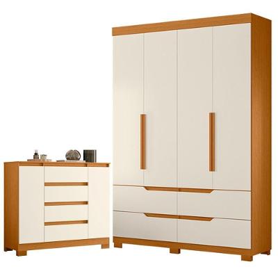 Guarda Roupa Solteiro Doble 4 Portas de Bater 4 Gavetas MDP Cômoda Sapateira Atena Cinamomo Off