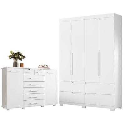 Guarda Roupa Solteiro com Cômoda Doble 4 Portas de Bater 4 Gavetas MDP Branco Freijó Albatroz Móveis