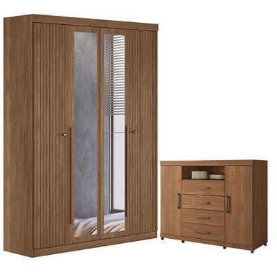 Guarda Roupa Casal Ripado Buriti 4 Portas de Bater com Espelho e Cômoda Havana Master com Rodízio