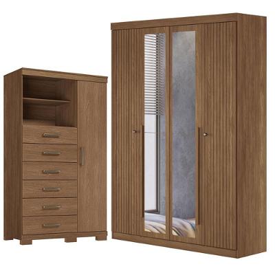 Guarda Roupa Casal com Cômoda Buriti 4 Portas de Bater 6 Gavetas MDF-MDP Jatobá Acetinado Santos