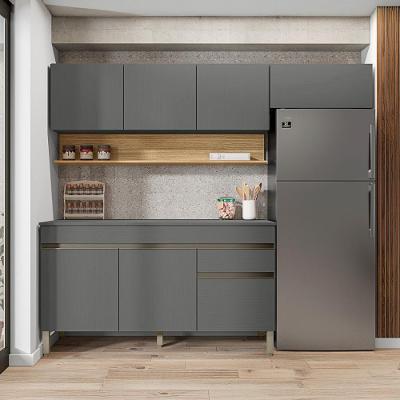 Cozinha Compacta Line 7 Portas 1 Gaveta MDF 150CM Cinza Gris com Aéreo para Geladeira Kit's Paraná