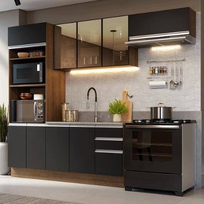 Armário de Cozinha Completa Glamy 9 Portas 3 Gavetas MDP 270CM Rustic e Preto