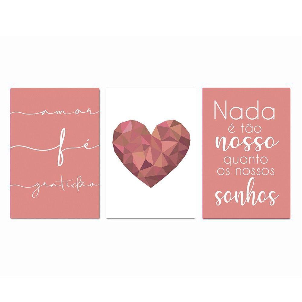 Kit Placas Quadros Decorativos 3 pçs MDF 30x45 Coração Rose - 3