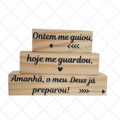 Trio Enfeite de Mesa Frase Motivacional Madeira Pinus Produto para Casa Shoppingnet