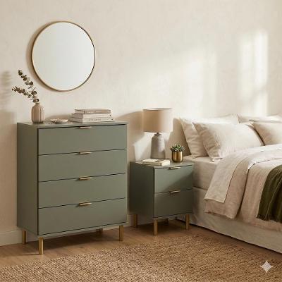 Conjunto de Quarto com Cômoda e Mesa de Cabeceira Dm242+dm125 4 Gavetas Verde Ditália Móveis