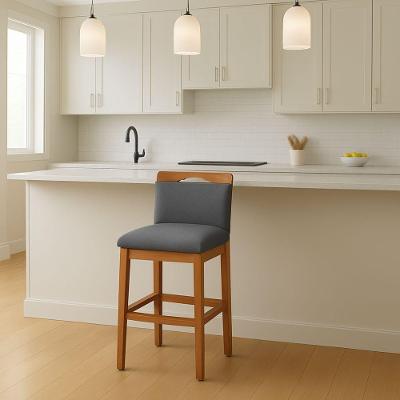 Banqueta Alta Estofada Cozinha Assento em Linho Base Madeira Encosto Cinza Online Confort