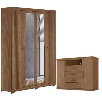 Guarda Roupa Casal com Cômoda Ripado Buriti 4 Portas de Bater 2 Gavetas MDF-MDP Espelho Jatobá