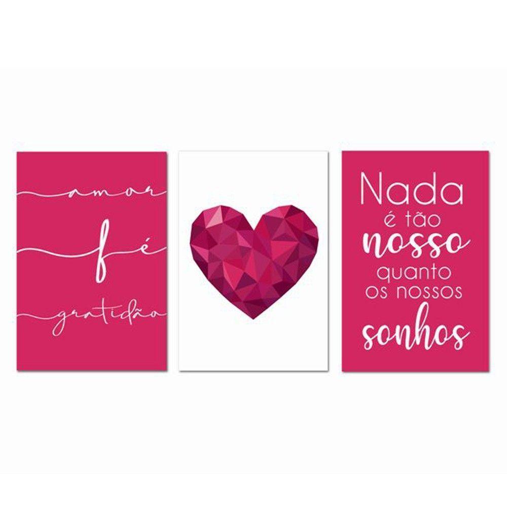 Kit Placas Quadros Decorativos 3 pçs MDF 20x30 Coração Rosa - 1
