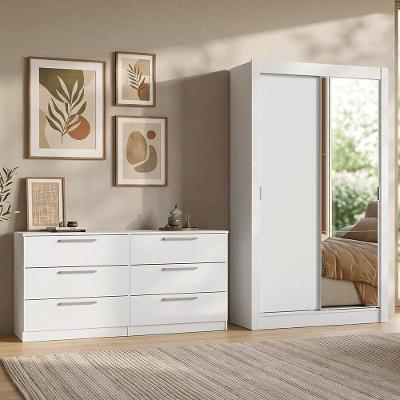 Kit Guarda Roupa + Cômoda Solteiro 2 Portas de Bater com Espelho 6 Gavetas MDP Branco Madesa 117CM