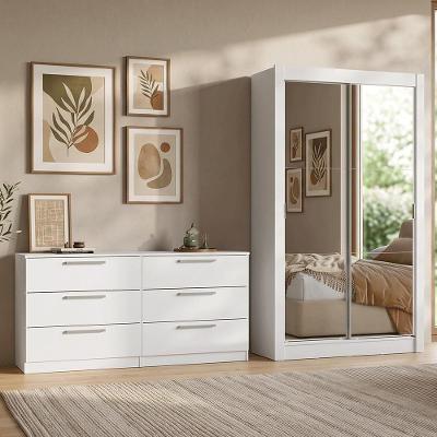 Kit Guarda Roupa + Cômoda Solteiro 2 Portas com Espelhos 6 Gavetas MDP Branco Madesa 117CM 150CM