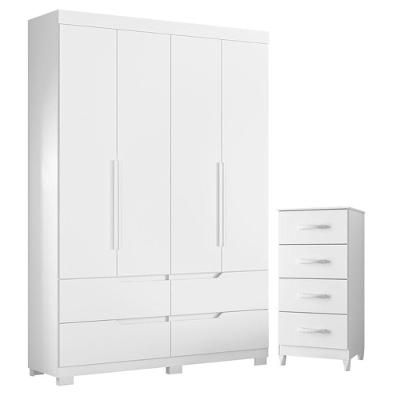 Guarda Roupa Solteiro Doble 4 Portas de Bater e Cômoda Mobi 4 Gavetas MDP Branco Flex Albatroz