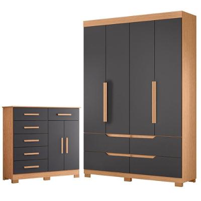 Guarda Roupa Solteiro Doble 4 Portas de Bater e Cômoda 4 Gavetas MDP Freijó Titanium Albatroz Móveis