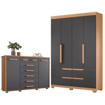 Guarda Roupa Solteiro Doble 4 Portas de Bater com Cômoda 4 Gavetas MDP Freijo Titanium Albatroz