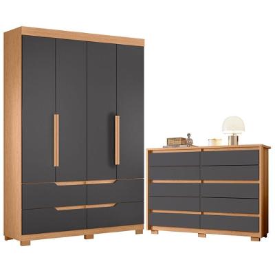 Guarda Roupa Solteiro Doble 4 Portas de Bater 4 Gavetas MDP Freijo Titanium Albatroz Móveis 160CM