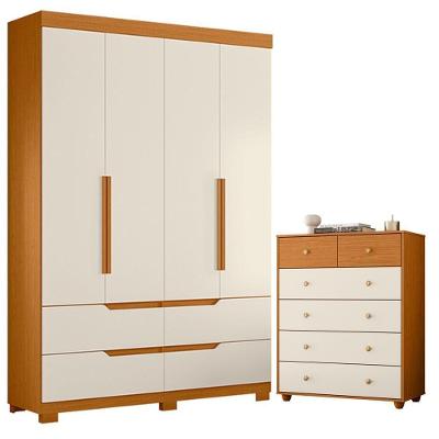 Guarda Roupa Solteiro Doble 4 Portas de Bater 4 Gavetas MDP Cômoda Vittoria 6 Gavetas Cinamomo Off
