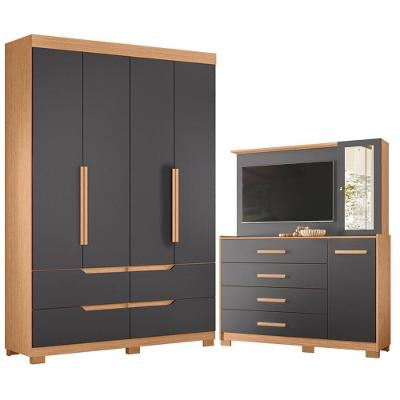 Guarda Roupa Solteiro Doble 4 Portas de Bater e Cômoda Ilhabela 4 Gavetas MDP Freijó Titanium