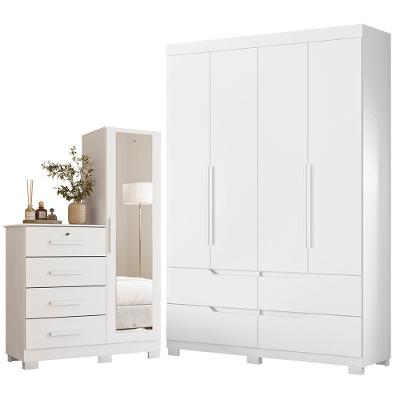 Guarda Roupa Solteiro Doble 4 Portas de Bater e Cômoda 4 Gavetas MDP Branco Fosco Liso Albatroz