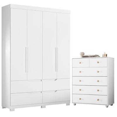Guarda Roupa Solteiro Doble 4 Portas de Bater 4 Gavetas MDP Cômoda Vittoria Branco Albatroz Móveis