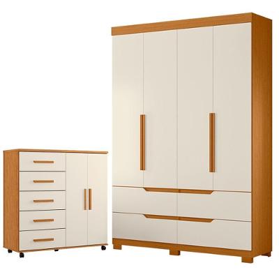 Guarda Roupa Solteiro Doble 4 Portas de Bater 4 Gavetas MDP Cinamomo Off White com Cômoda Toronto