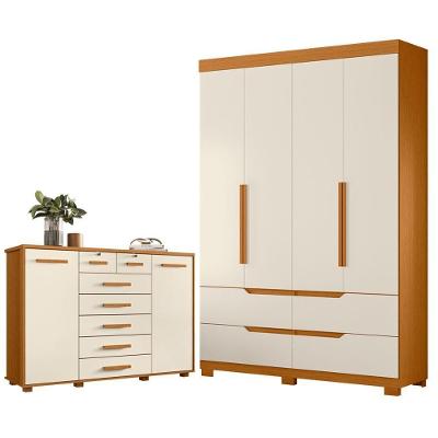 Guarda Roupa Solteiro Doble 4 Portas de Bater 4 Gavetas MDP Cinamomo Off White com Cômoda Fontana