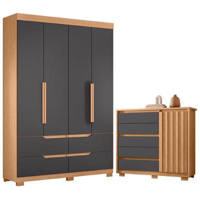 Guarda Roupa Solteiro Doble 4 Portas de Bater 4 Gavetas MDP Cômoda Sapateira Duetto Freijó Titanium