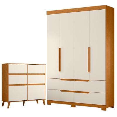 Guarda Roupa Solteiro Doble 4 Portas de Bater 4 Gavetas MDP Cômoda Sapateira Cinamomo Off White
