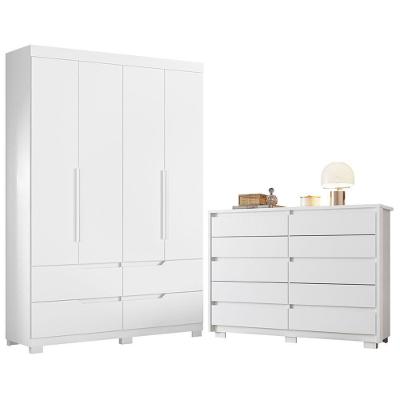 Guarda Roupa Solteiro + Cômoda Doble 4 Portas de Bater 4 Gavetas MDP Fosco Branco Albatroz Móveis