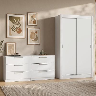 Kit Guarda Roupa + Cômoda Solteiro 2 Portas de Bater 6 Gavetas MDP Branco Madesa 117CM 150CM