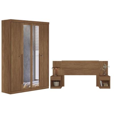 Guarda Roupa Casal Ripado Buriti 4 Portas de Bater 2 Gavetas MDF-MDP com Espelho e Cabeceira Loanda